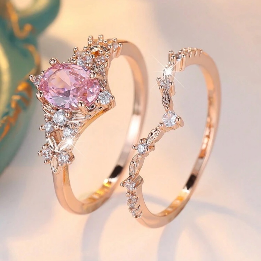 Pink and Gold Women's Ring Set, Pink Cubic Zirconia Engagement Ring